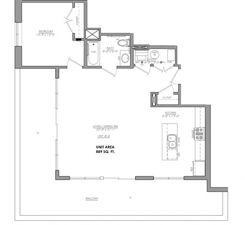 Floor plan for 1 bed, 1 bath, 889 sqft